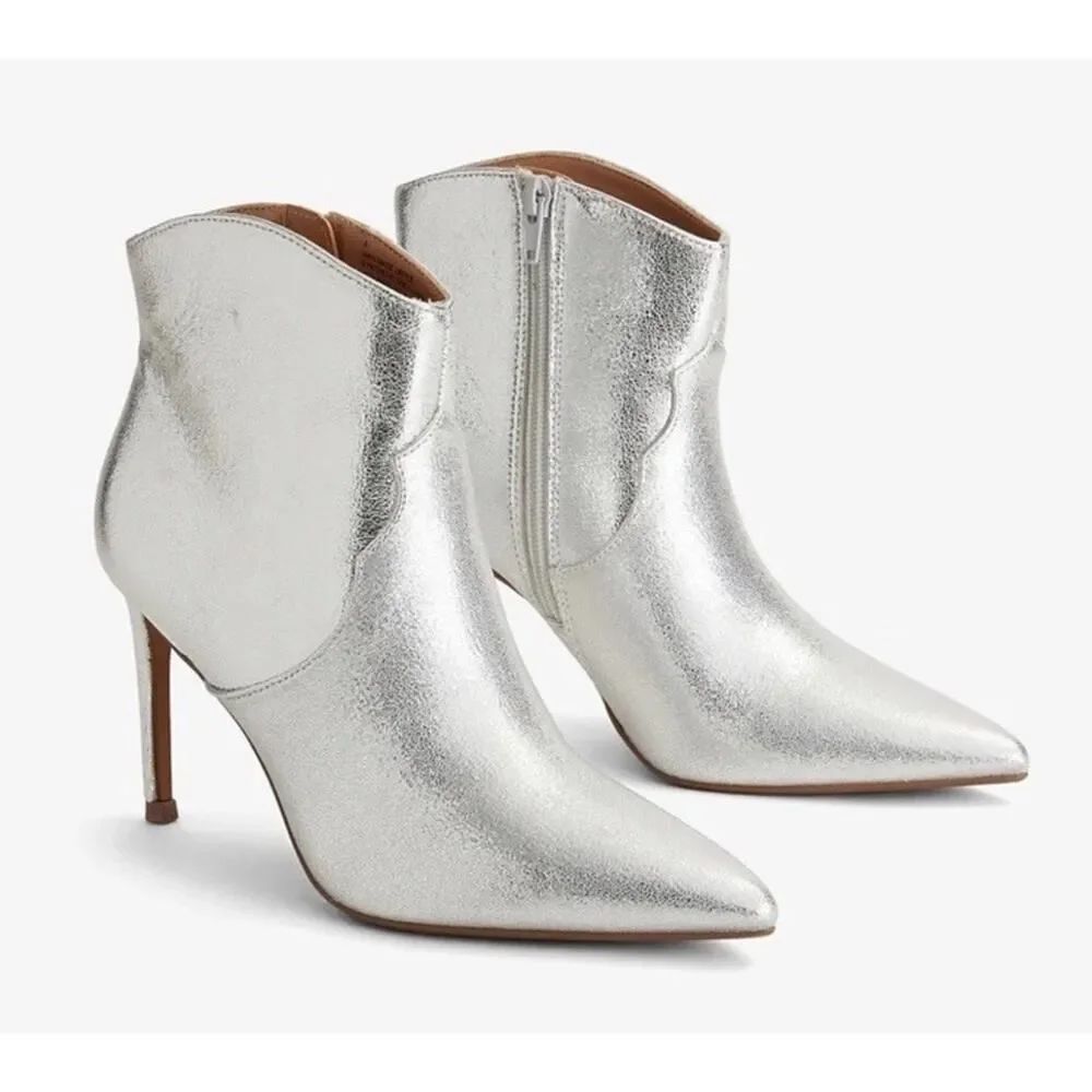 NEW Express Silver Metallic Pointed Toe Stiletto Ankle Boots 3” Heel Size 7